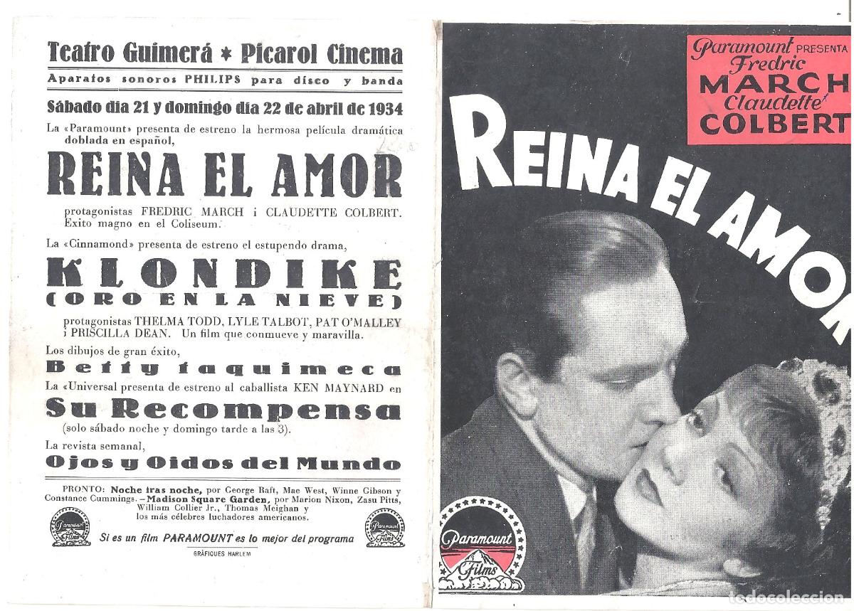 Cine: PTCC 806 REINA EL AMOR PROGRAMA DOBLE PARAMOUNT CLAUDETTE COLBERT FREDRIC MARCH - Foto 1