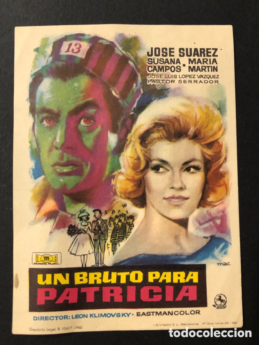 Folhetos de m&atilde;o de filmes antigos de cinema: Programa un Bruto para Patr&iacute;cia jose Su&aacute;rez con publicidad cine liceo merida A13