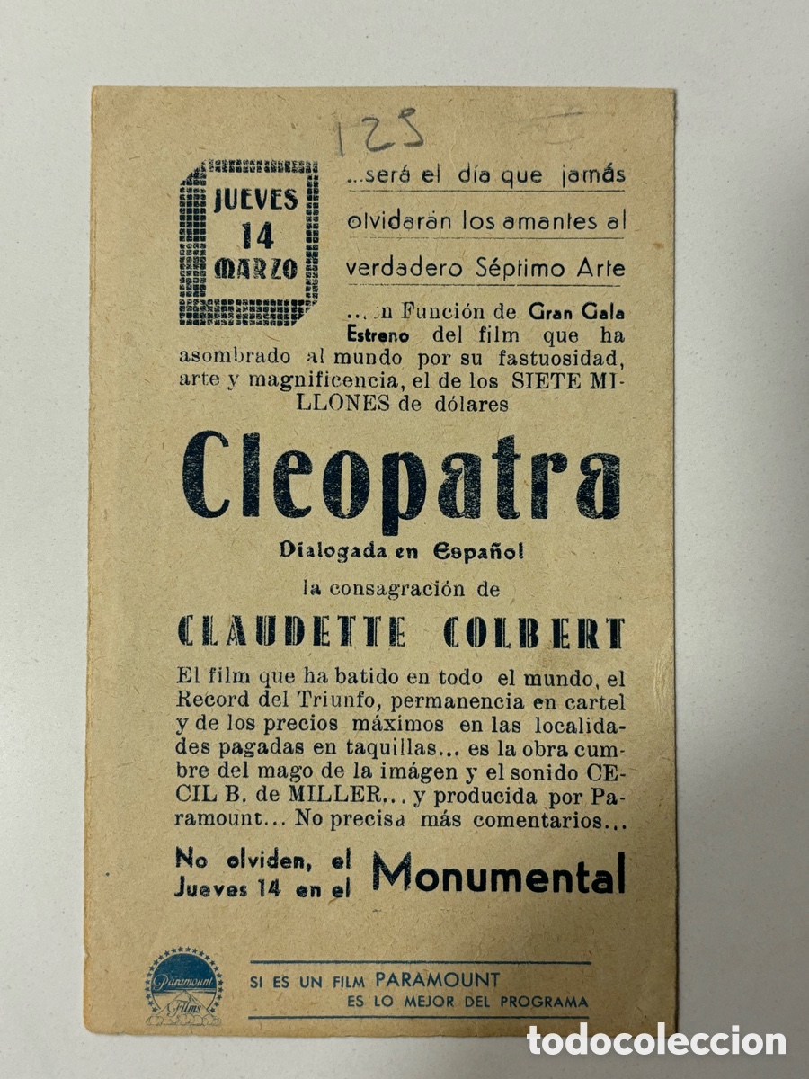 Cine: Programa Paramount Cleopatra claudette colbert con publicidad cine monumental A14 - Foto 3