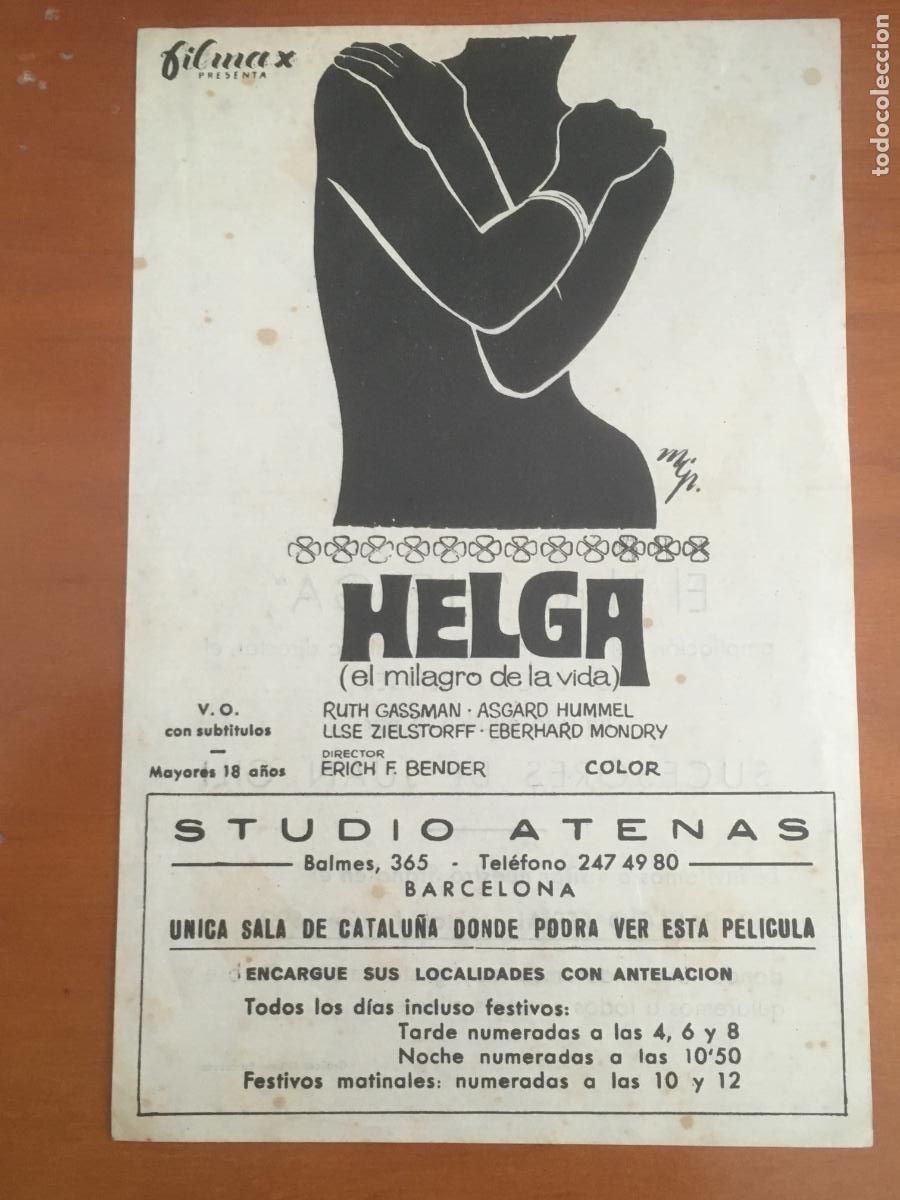 Folhetos de m&atilde;o de filmes antigos de cinema: helga el milagro de la vida folleto mano original estreno con cine impreso cine atenas barcelona