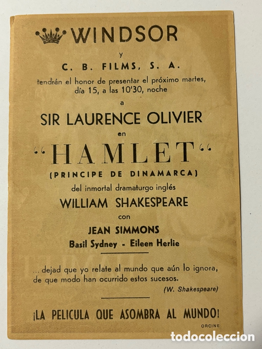 Cine: Programa Hamlet Laurence olivier con publicidad cine windsor A14 - Foto 2