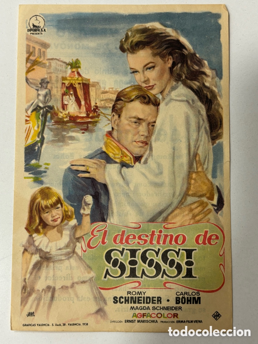 Folhetos de m&atilde;o de filmes antigos de cinema: Programa el destino de sissi Romy Schneider con publicidad cine plaza de toros de monovar A9