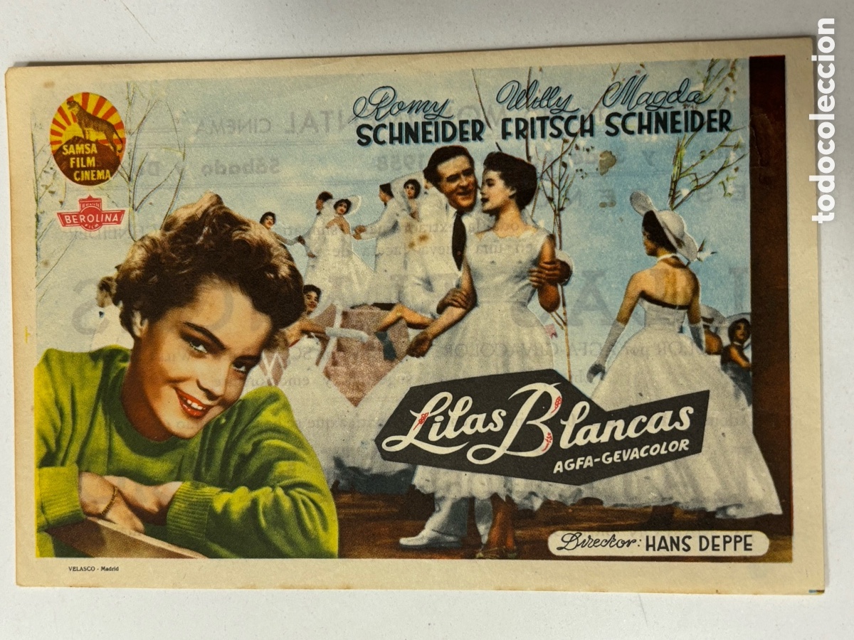 Folhetos de m&atilde;o de filmes antigos de cinema: Programa lilas blancas Romy Schneider con publicidad teatro monumental A9