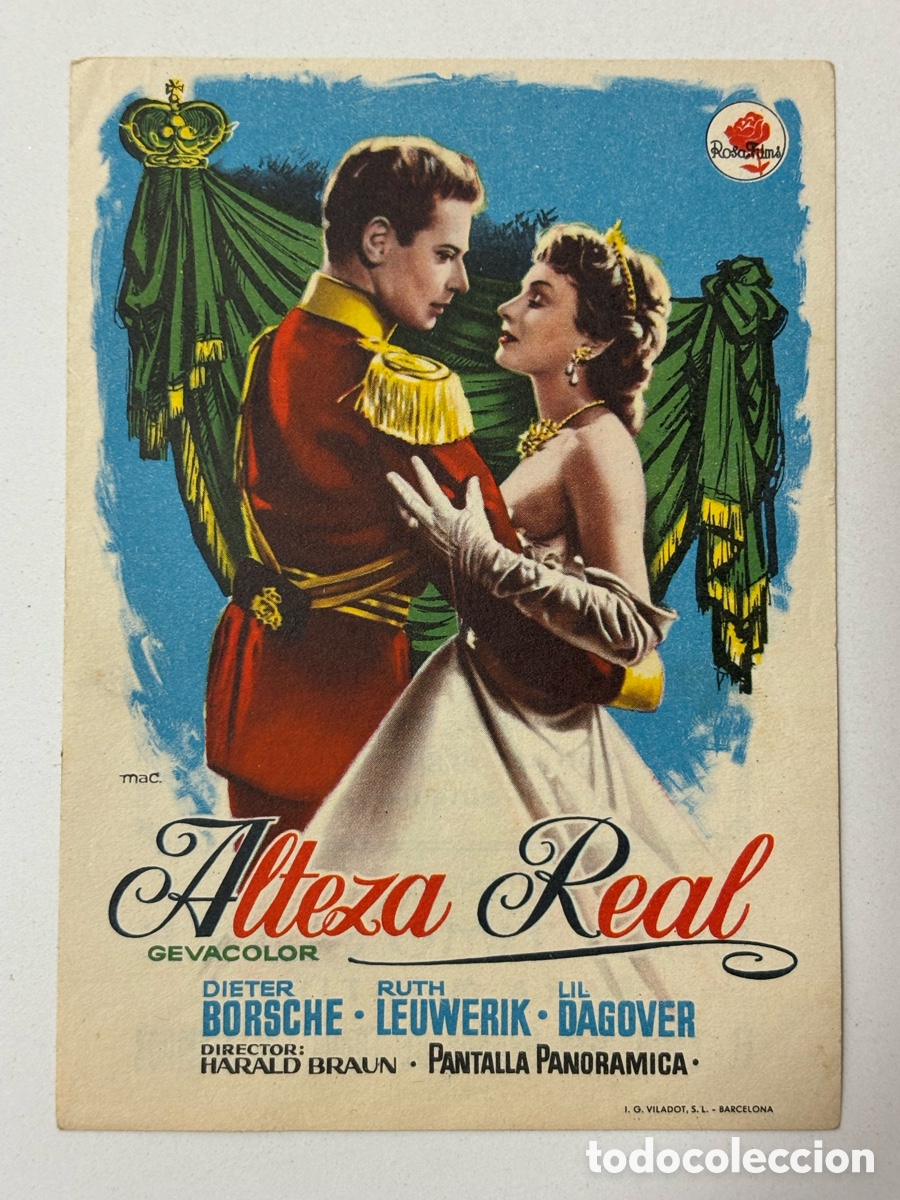 Folhetos de m&atilde;o de filmes antigos de cinema: Programa alteza real Dieter Borsche con publicidad cinema palacio A14