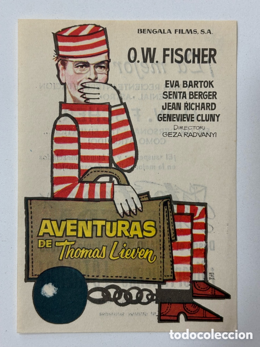 Folhetos de m&atilde;o de filmes antigos de cinema: Programa aventuras de thomas Lieven O W Fisher con publicidad teatro Pereda Santander A14