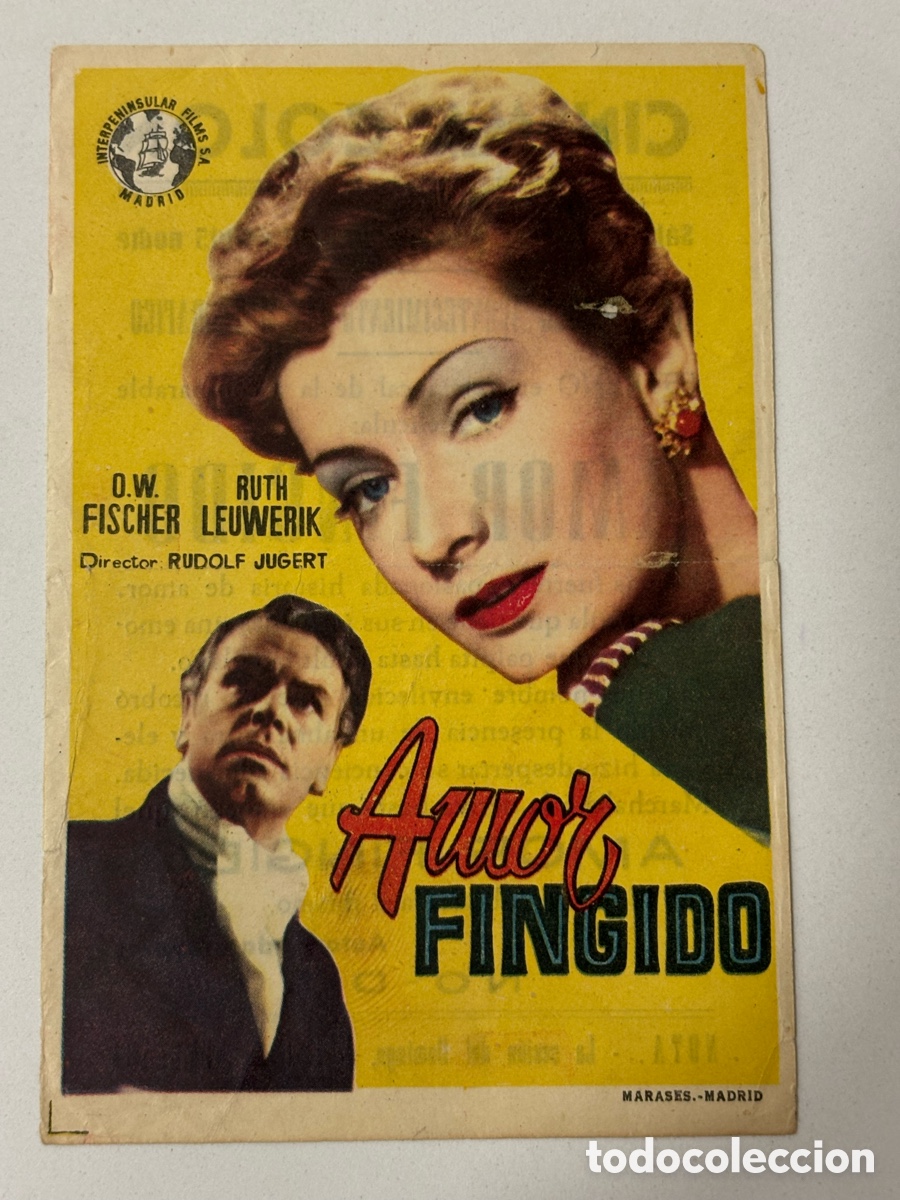 Folhetos de m&atilde;o de filmes antigos de cinema: Programa amor fingido O W Fisher con publicidad cinema Col&oacute;n A14