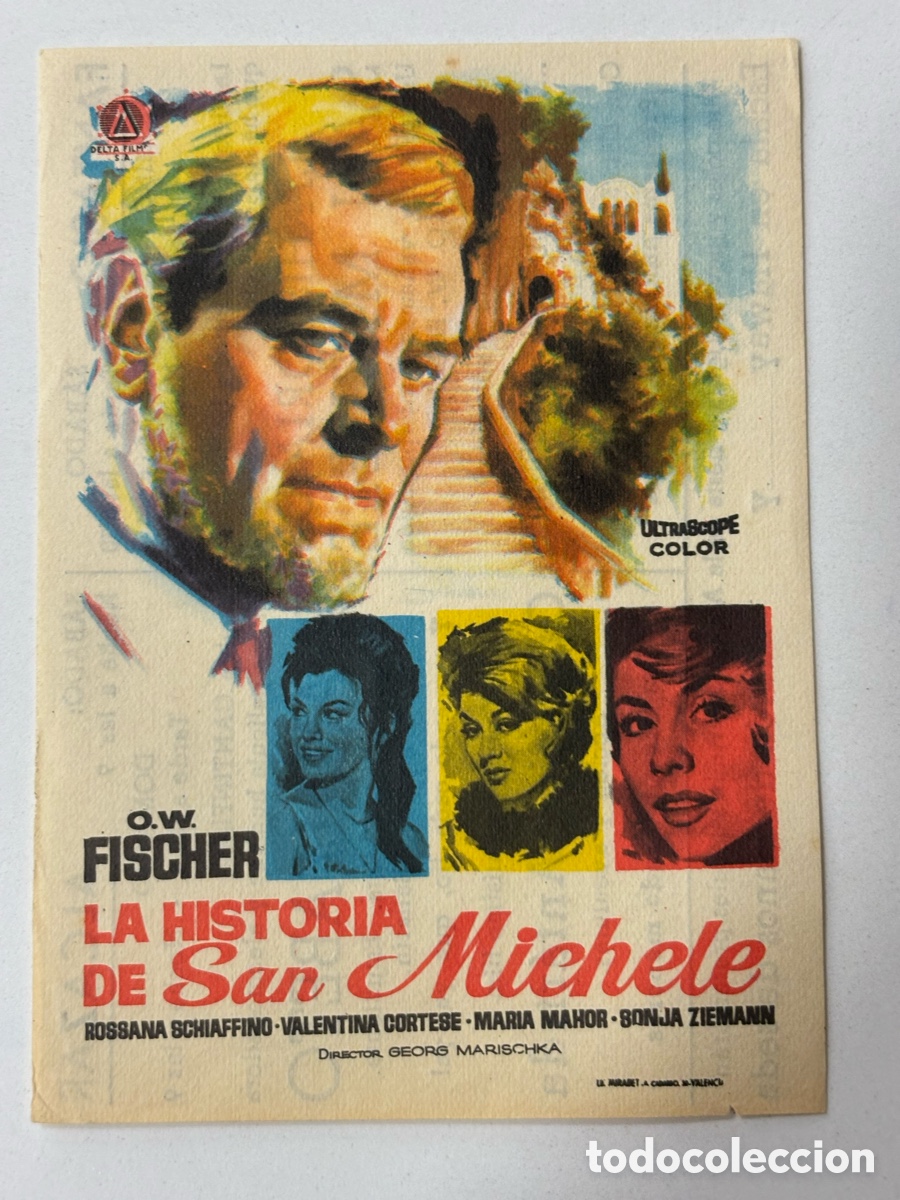 Folhetos de m&atilde;o de filmes antigos de cinema: Programa la historia de san michele O W Fisher con publicidad cine fantas&iacute;o A14