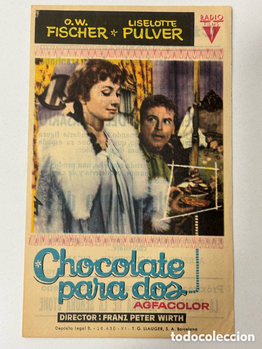 Folhetos de m&atilde;o de filmes antigos de cinema: Programa chocolate para dos O W Fisher con publicidad cinema Reyno Alcira A14