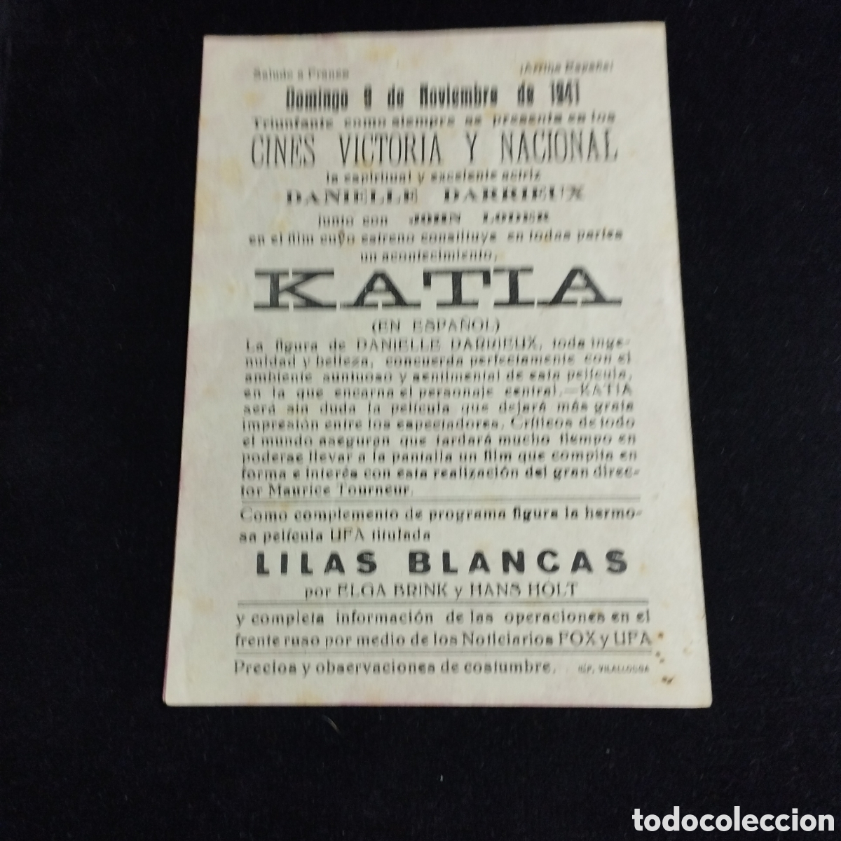 Cine: Programa de cine, doble. Katia. Danielle Darrieux. John Loder. 1941. Victoria y Nacional. - Foto 2
