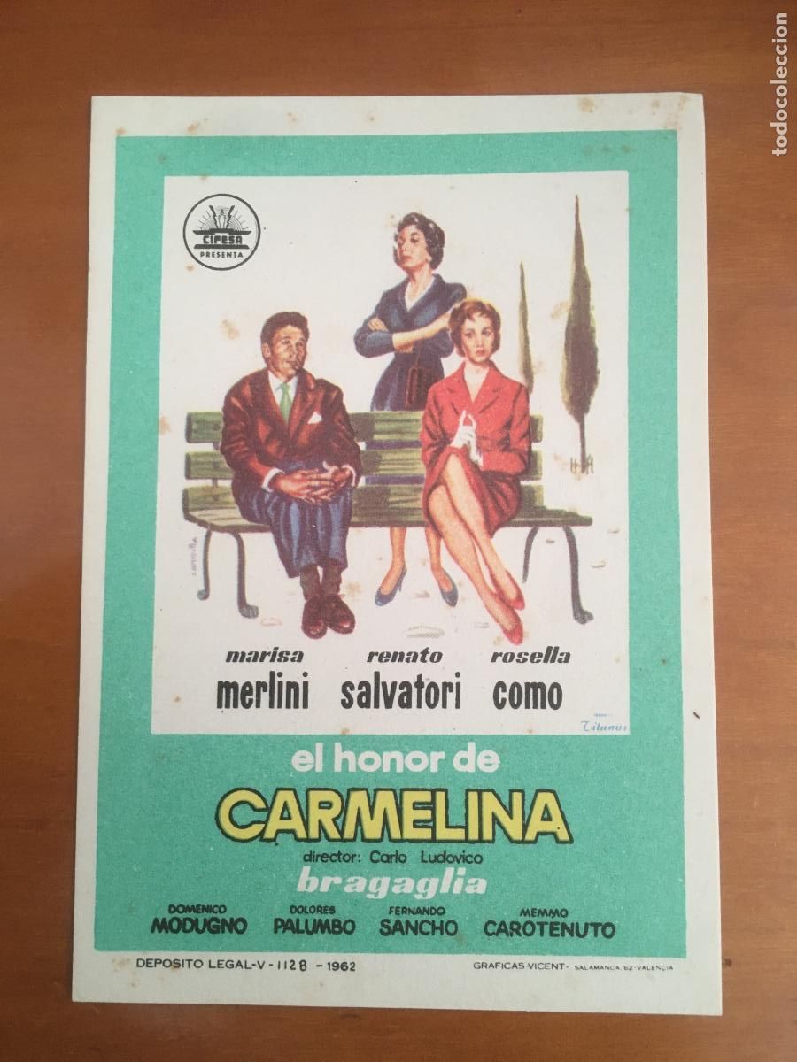 Cinema: el honor de carmelina folleto de mano original