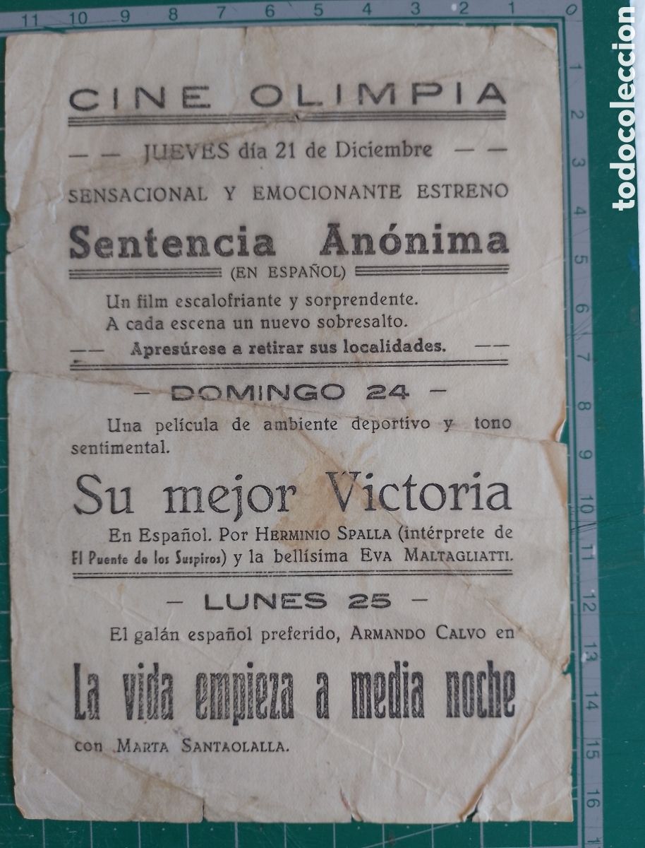 Cine: Programa de cine. SENTENCIA AN&Oacute;NIMA. Publicidad Cine Olimpia. - Foto 2