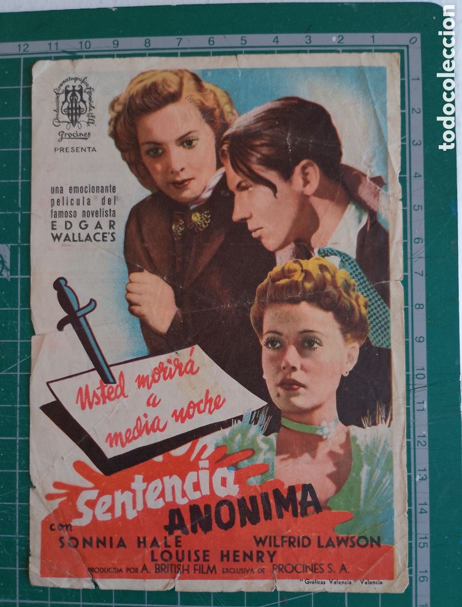 Cine: Programa de cine. SENTENCIA AN&Oacute;NIMA. Publicidad Cine Olimpia. - Foto 1