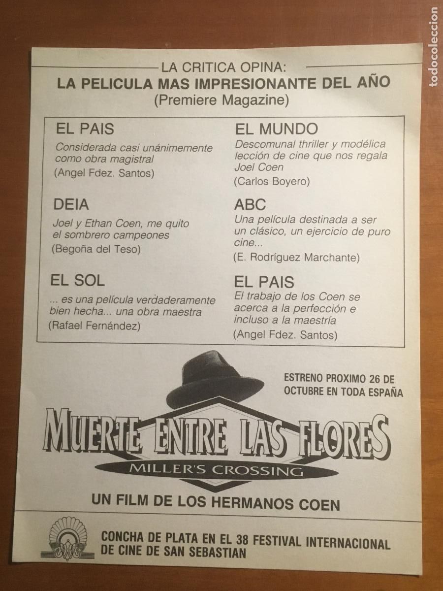 Cine: muerte entre las flores hermanos coen folleto de mano original estreno