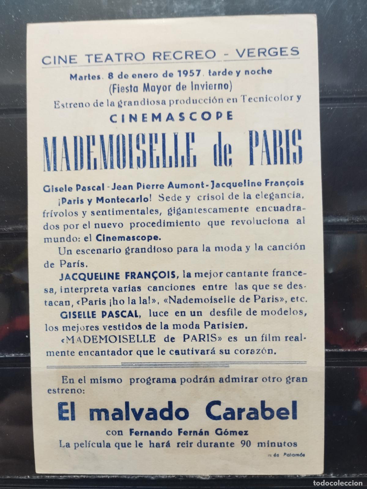 Cine: MA - PROGRAMA DE CINE SENCILLO. MADEMOISELLE DE PARIS. - Foto 2