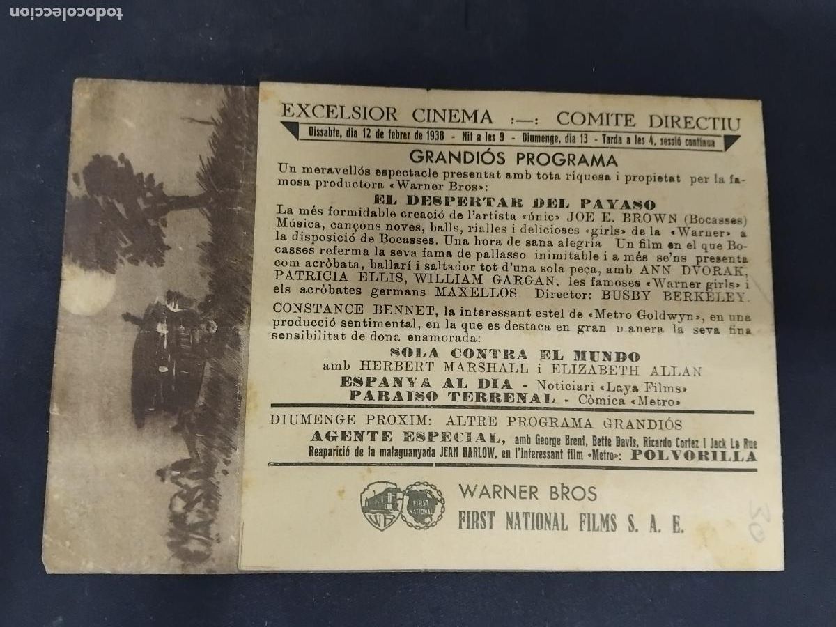 Cine: PROGRAMA DE CINE DOBLE EL DESPERTAR DEL PAYASO. EXCELSIOR CINEMA 1938. - Foto 3