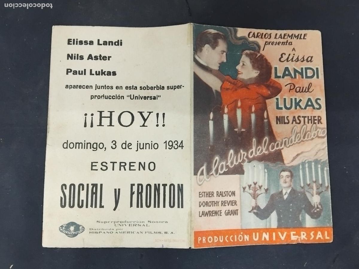 Cine: PROGRAMA DE CINE DOBLE A LA LUZ DEL CANDELABRO. SOCIAL Y FRONTON 1934. - Foto 1