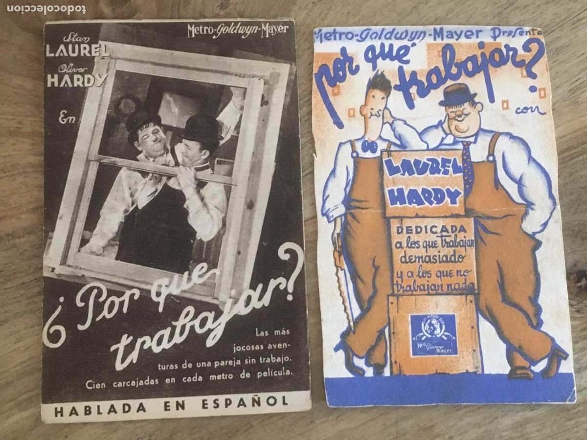 Kino: por que trabajar laurel y hardy 2 folletos de mano original estreno