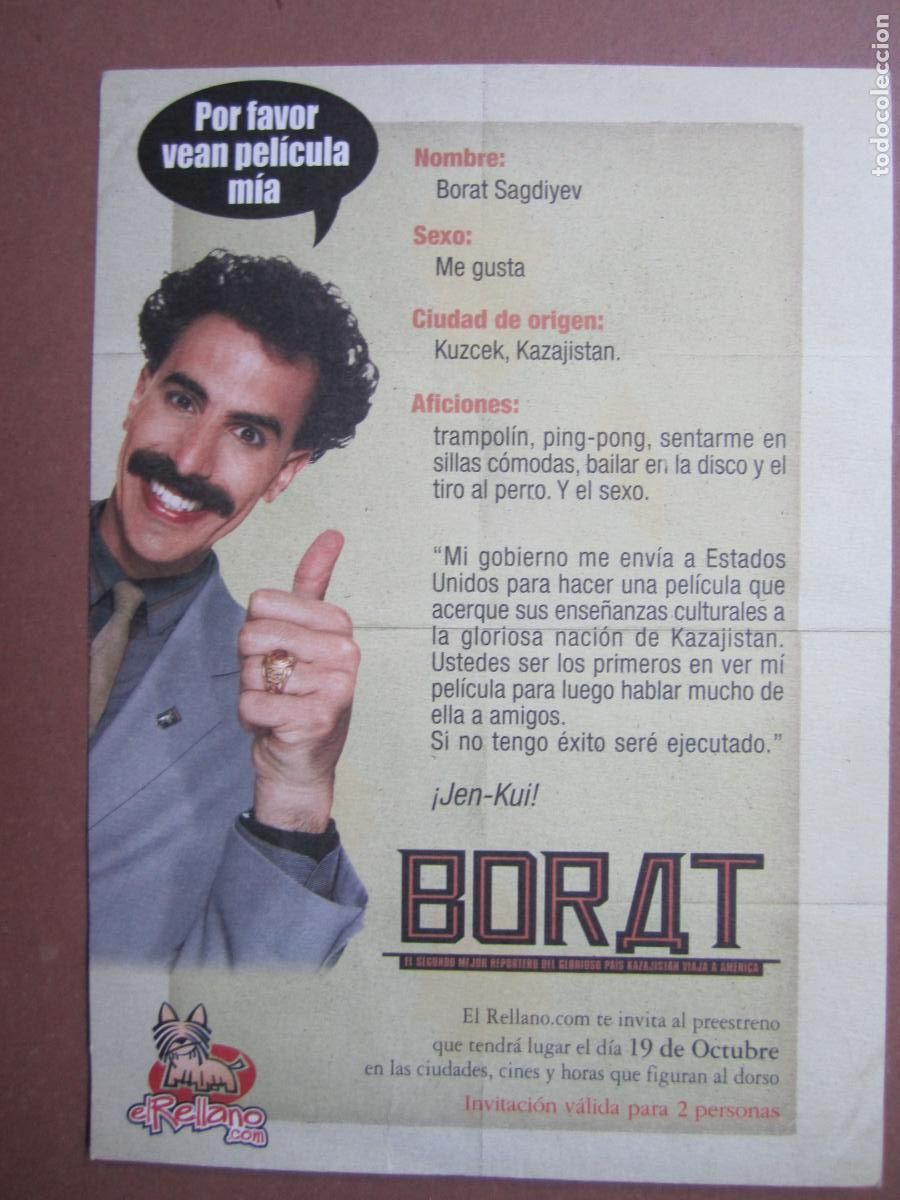 Cine: borat folleto mano invitacion original - sacha baron cohen