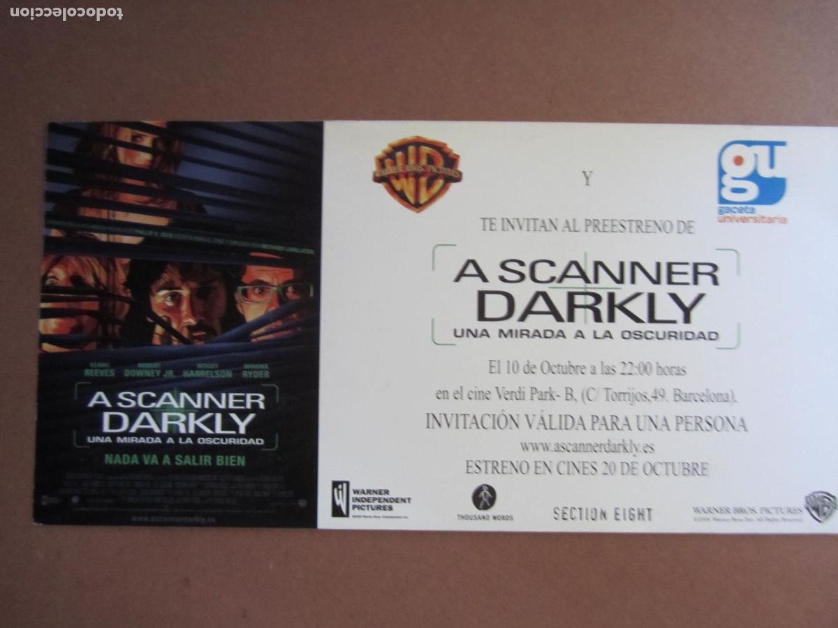 Cine: a scanner darkly - folleto mano invitacion original preestreno - keanu reeves winona ryder animacion