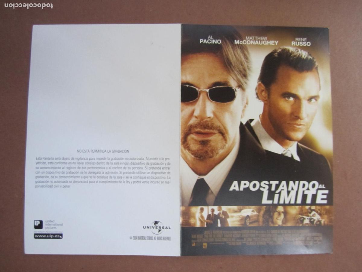 Cine: apostando al limite - folleto mano invitacion original preestreno - al pacino matthew mccanaughey