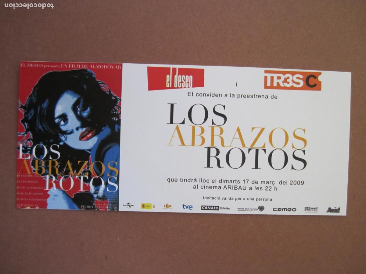Cine: los abrazos rotos - folleto mano original invitacion preestreno - pedro almodovar penelope cruz
