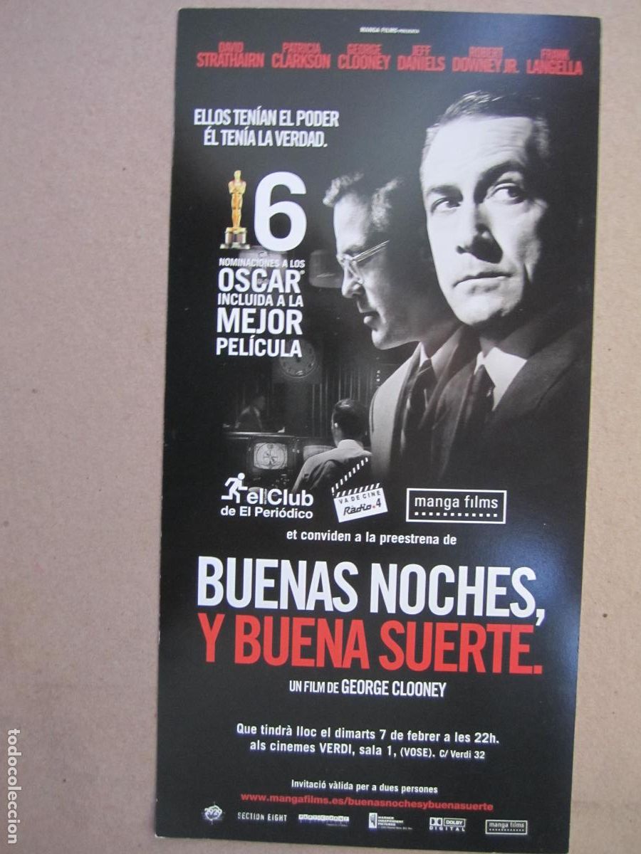 Cine: buenas noches y buena suerte - folleto mano original invitacion preestreno - george clooney