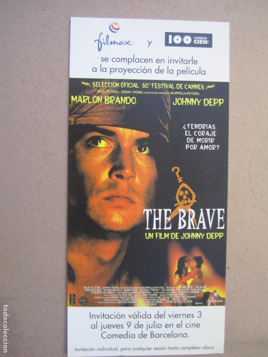 Cine: the brave - folleto mano original invitacion preestreno - johnny deep marlon brando