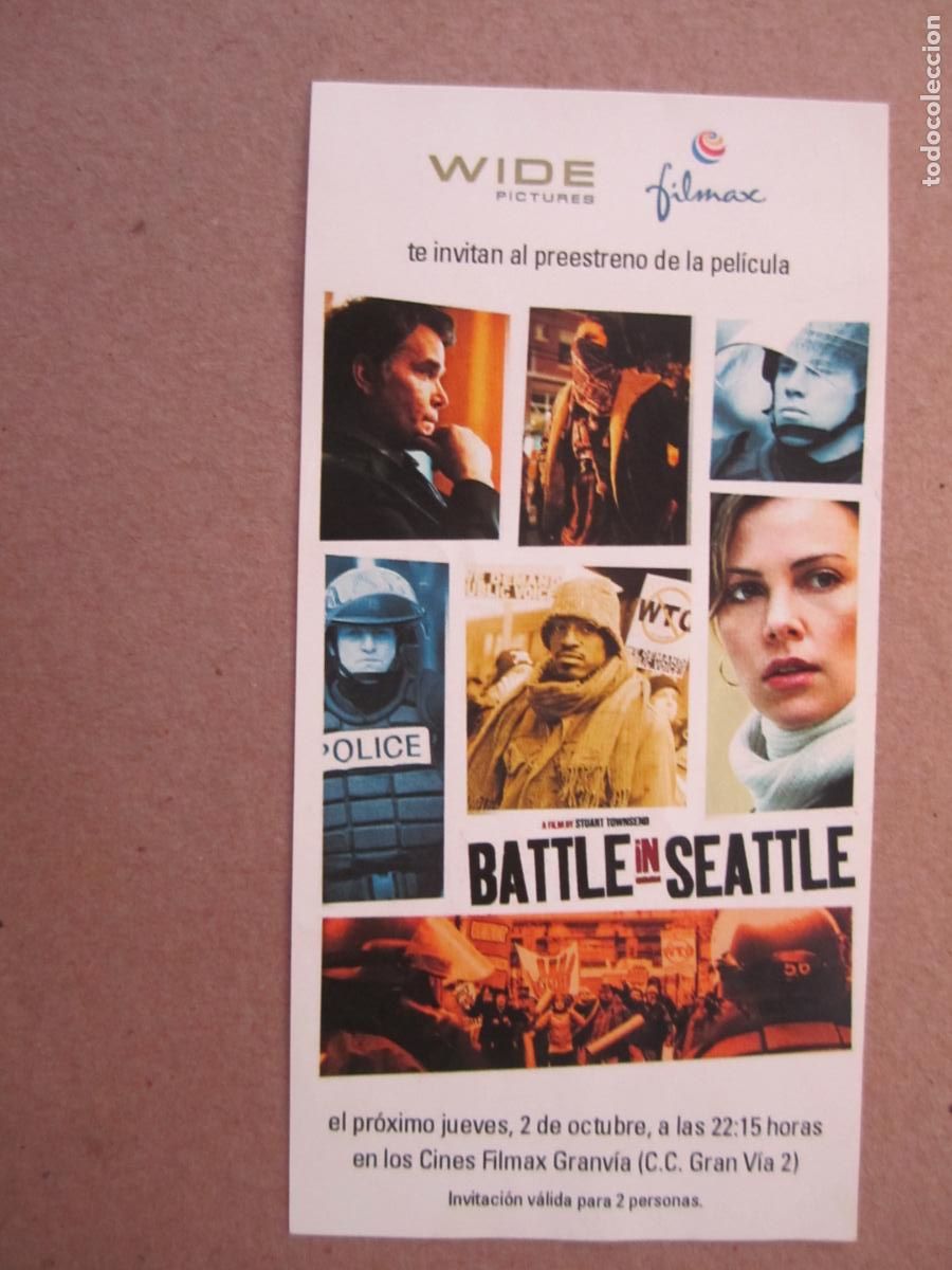 Cine: battle in seattle - folleto mano original invitacion preestreno - Charlize Theron - filmax