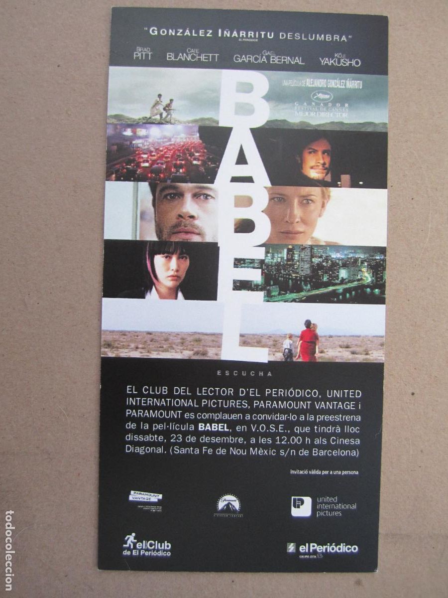Cine: babel - folleto mano original invitacion preestreno - Brad pitt cate blanchett gael garcia bernal
