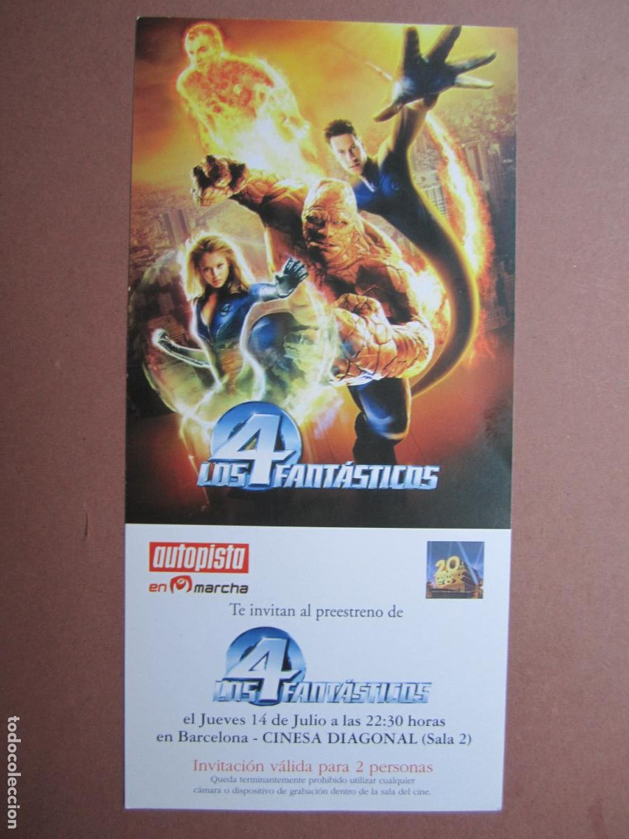 Cine: los 4 fantasticos - INVITACION FOLLETO MANO ORIGINAL PREESTRENO Marvel Entertainment