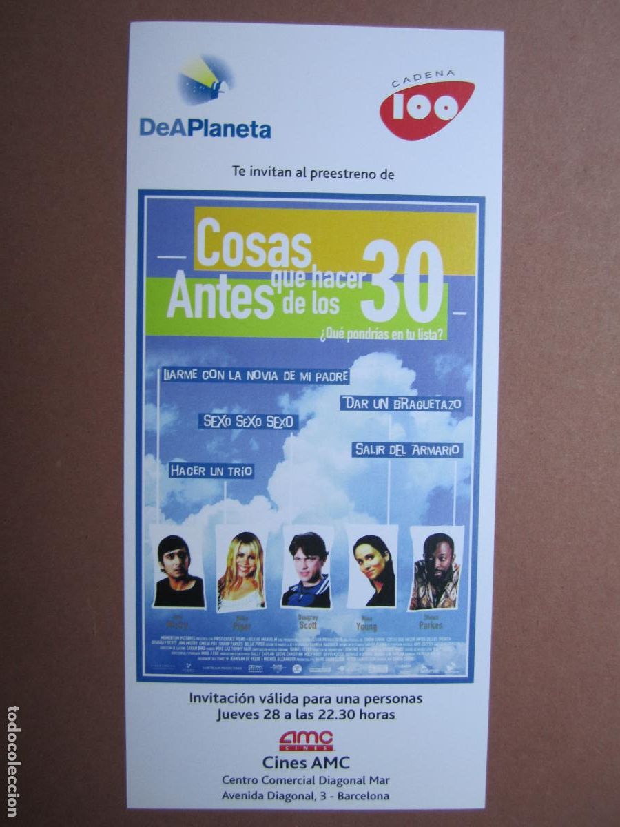 Cine: cosas que hacer antes de los 30 - INVITACION FOLLETO MANO ORIGINAL preESTRENO emilia fox