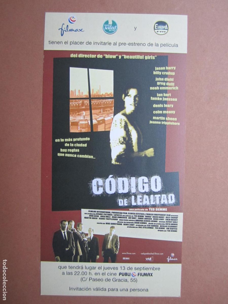 Kino: codigo de lealtad INVITACION FOLLETO MANO ORIGINAL ESTRENO Denis Leary famke janssen