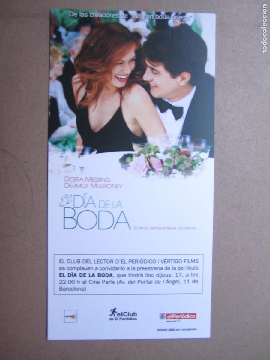 Cine: el dia de la boda - invitacion folleto mano original preestreno - debra messing dermont mulroney
