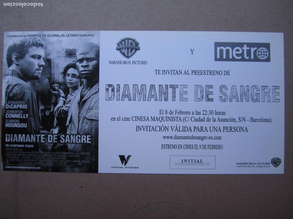 Cine: diamante de sangre - invitacion folleto mano original - leonardo di caprio jennifer connelly