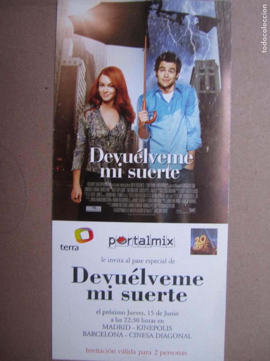 Cine: devuelveme mi suerte - invitacion folleto mano original - Lindsay Lohan chris pine