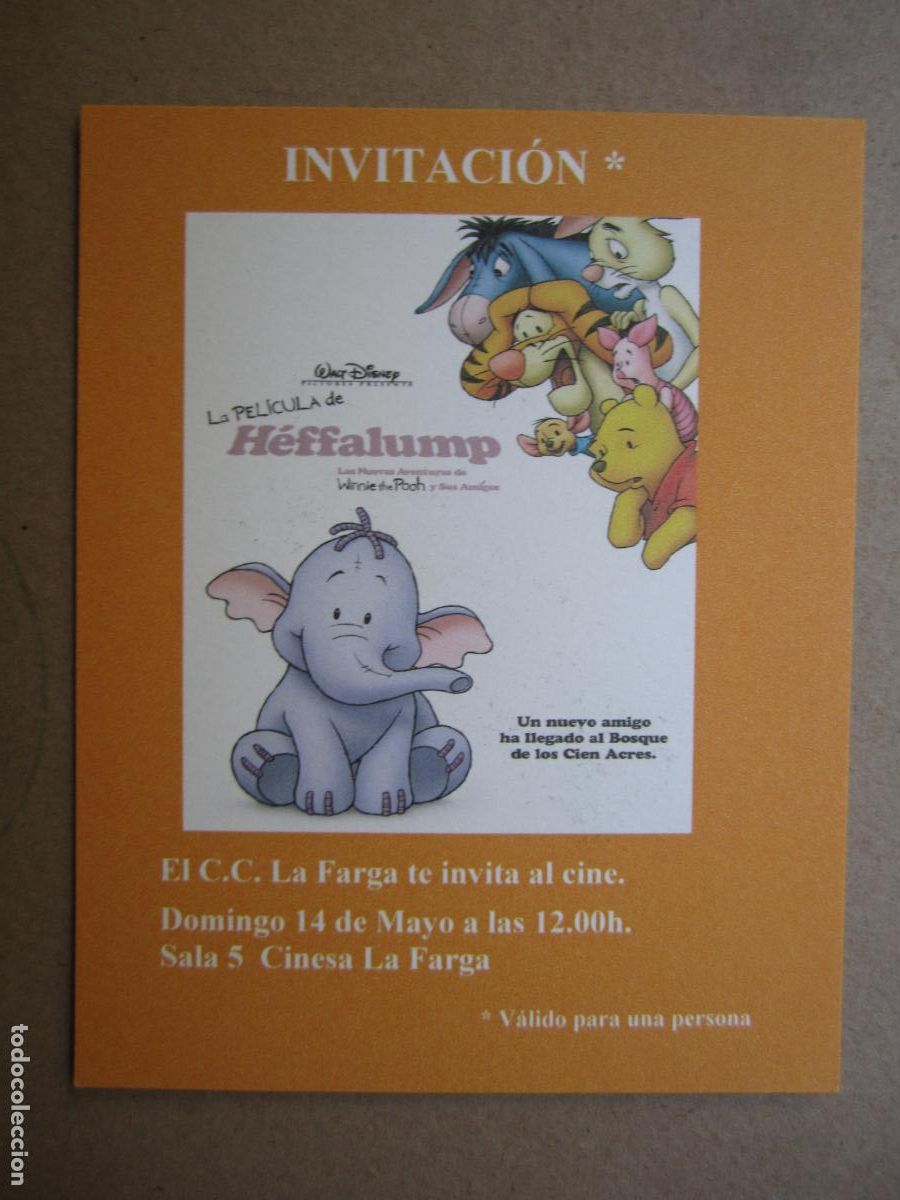 Kino: la pelicula de heffalump- invitacion folleto mano original estreno - animacion walt disney