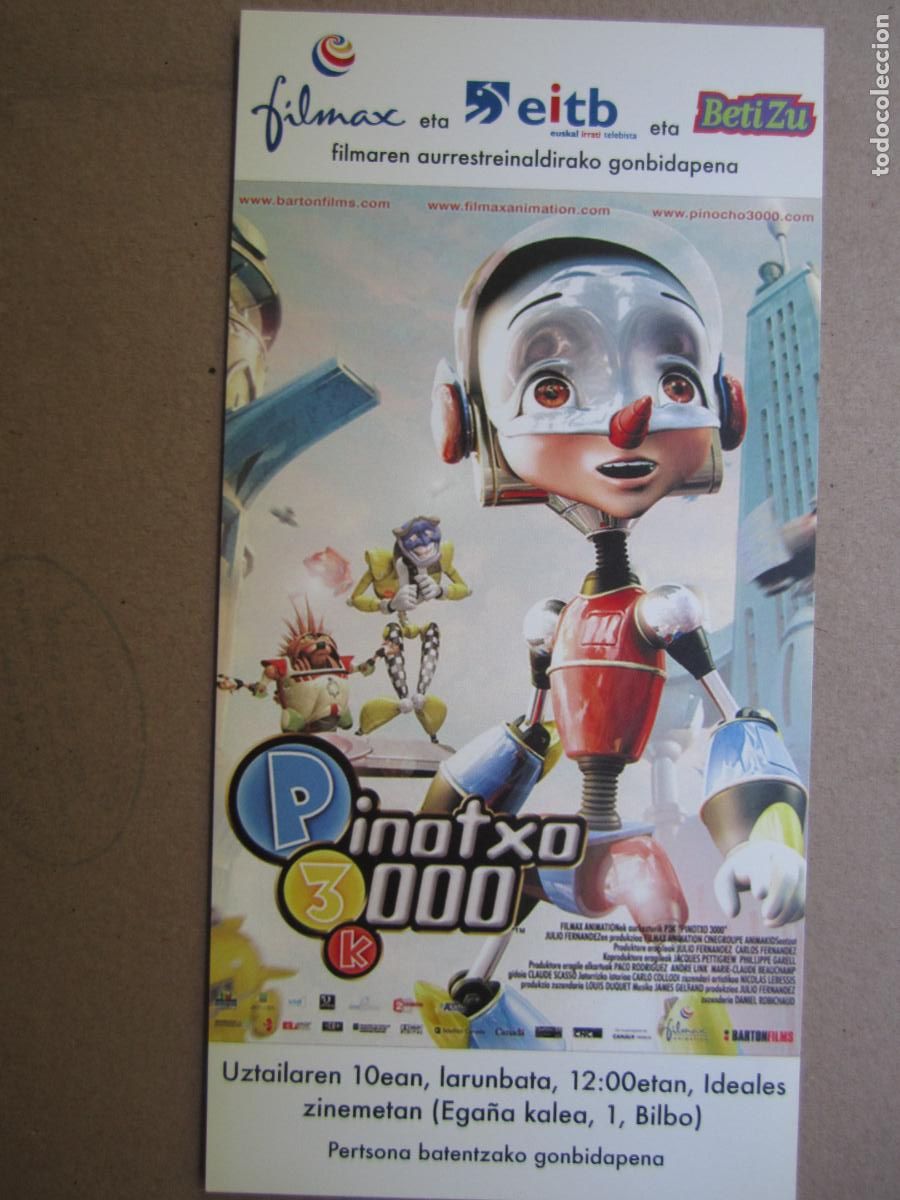 Folhetos de m&atilde;o de filmes antigos de cinema: pinotxo 3000 - invitacion folleto mano original estreno - animacion carlo collodi - filma