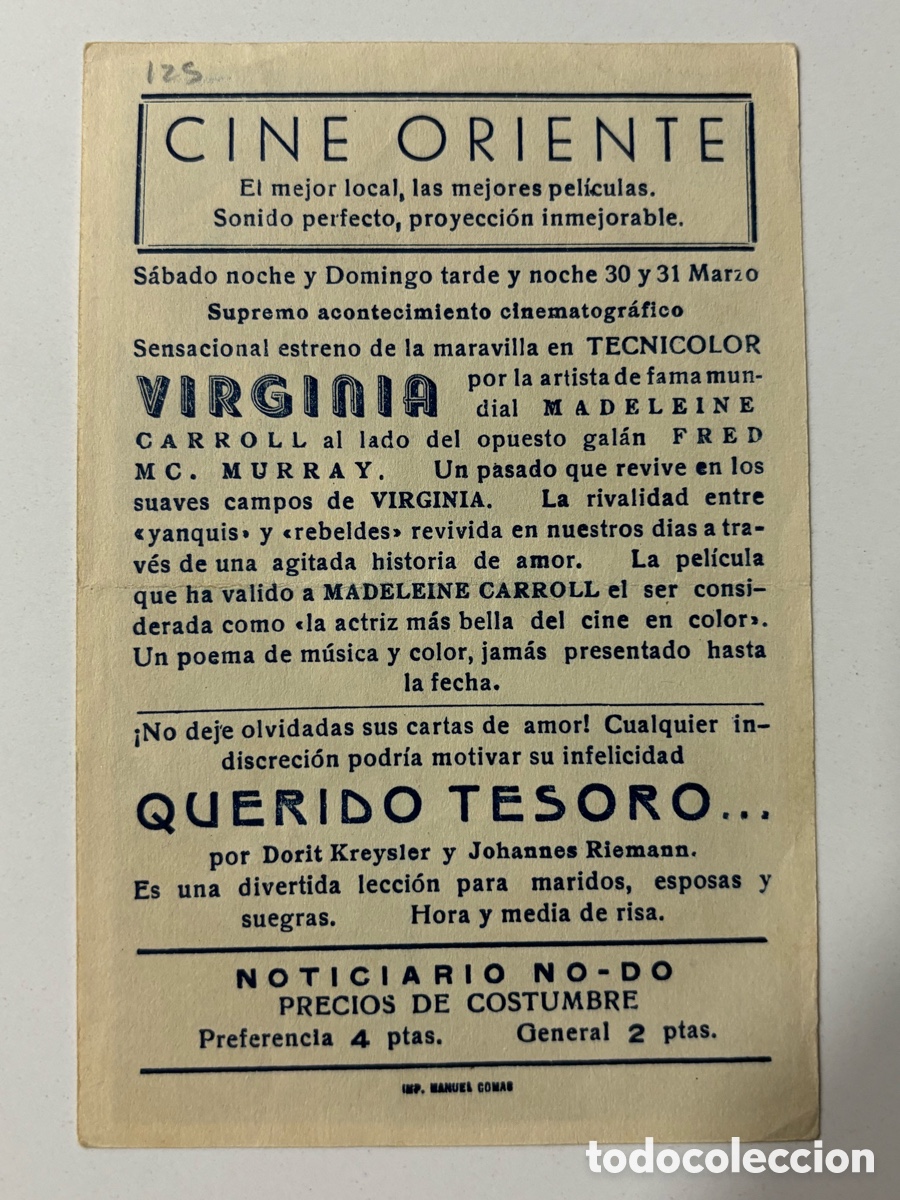 Cine: Programa Virginia Fred MacMurray con publicidad cine oriente A14 - Foto 2