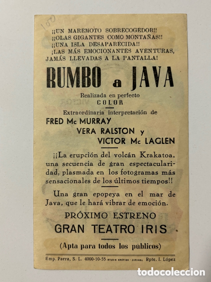 Cine: Programa rumbo a Java Fred MacMurray con publicidad gran teatro Iris Zaragoza A14 - Foto 2