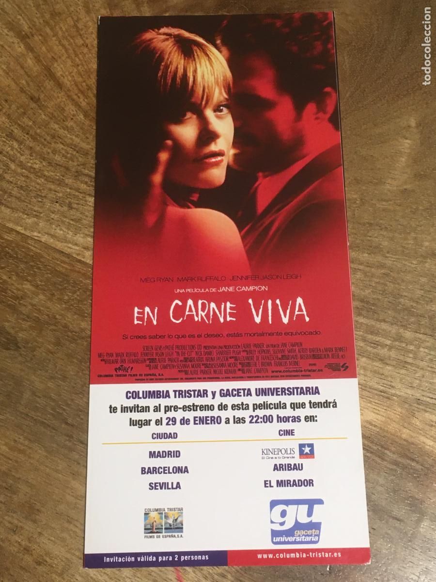 Cine: en carne viva - folleto mano invitacion preestreno - meg ryan mark ruffalo kevin bacon