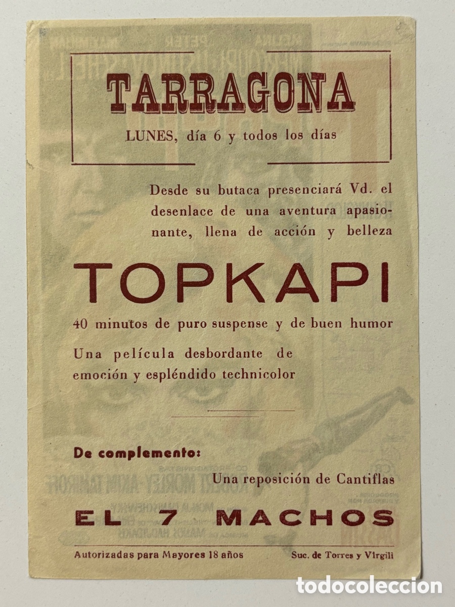 Cine: Programa Topkapi Melina Mercouri con publicidad cine Tarragona A11 - Foto 2