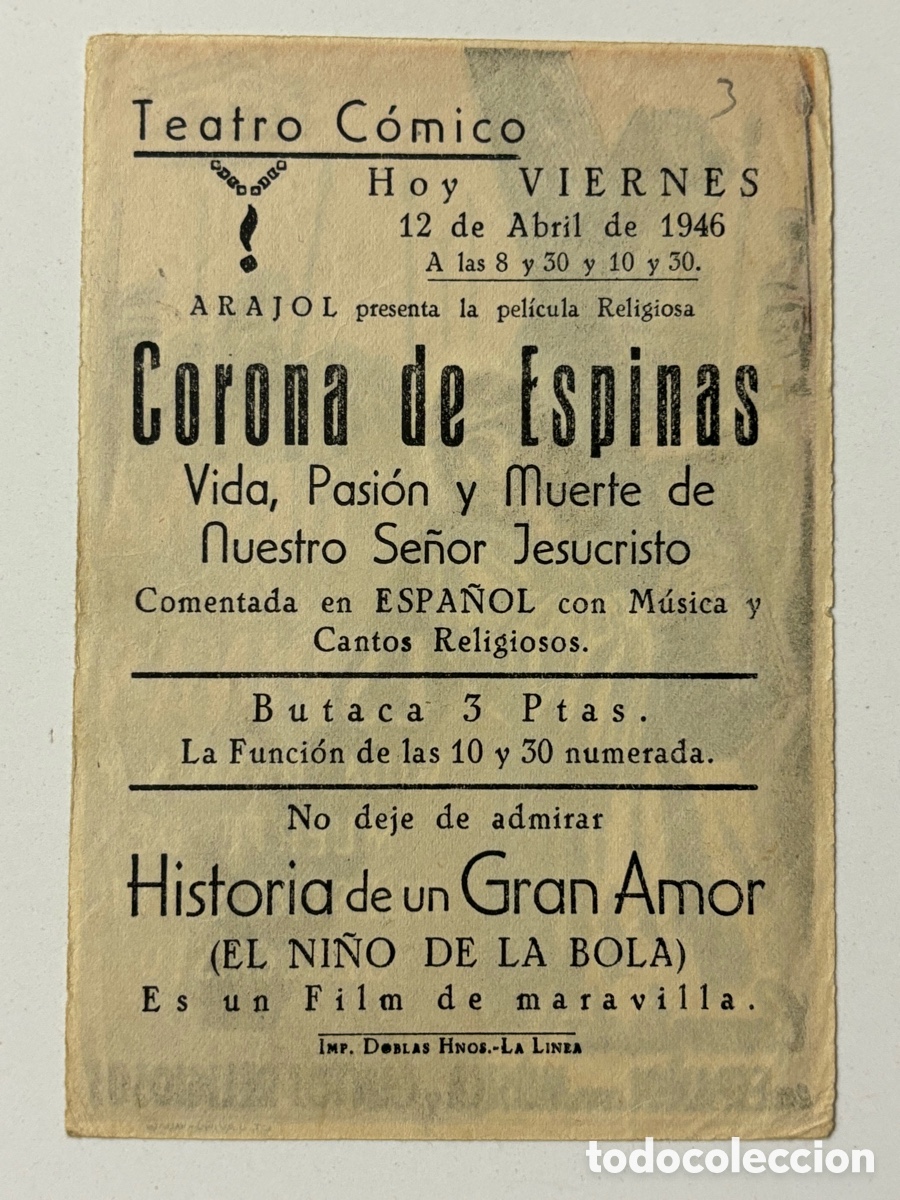 Cine: Programa Arajol corona de espinas con publicidad teatro c&oacute;mico la l&iacute;nea A17 - Foto 2