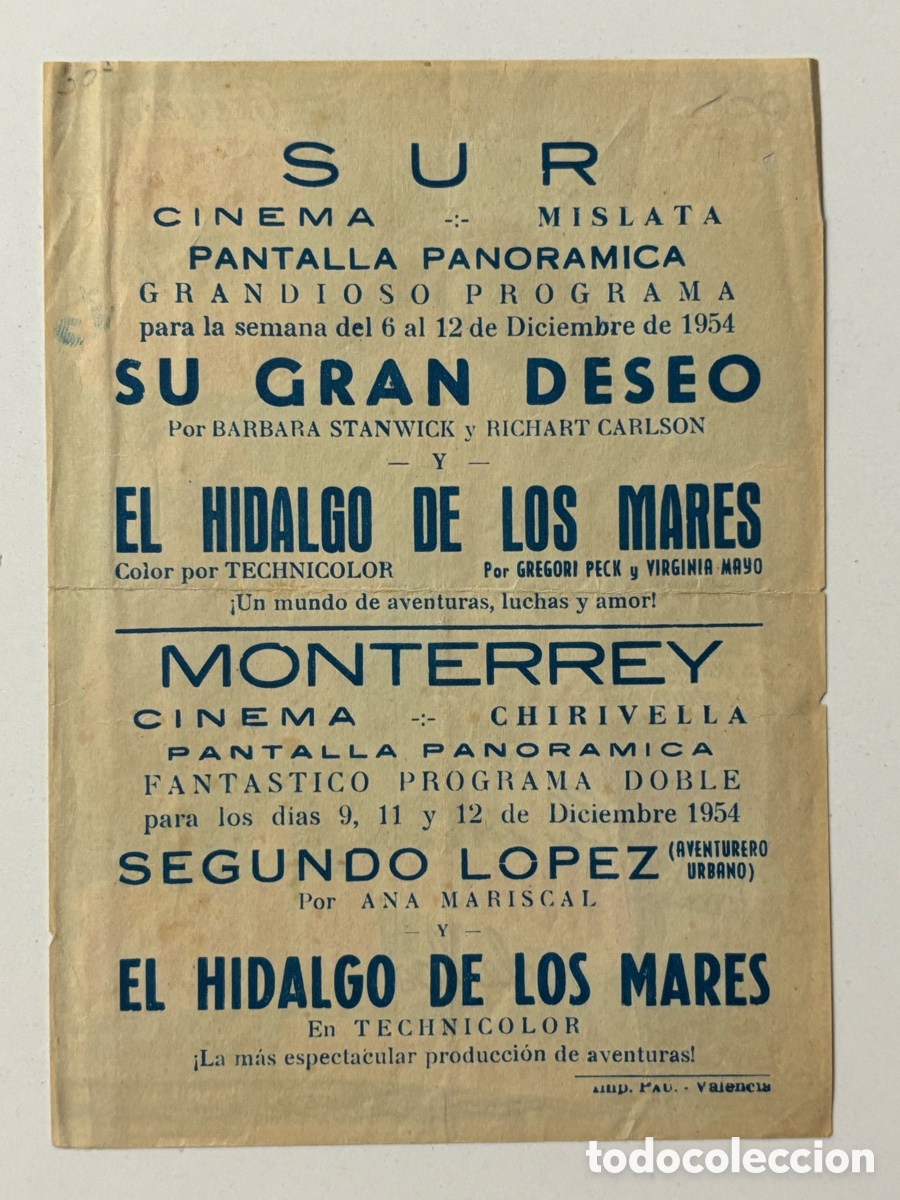 Cine: Programa el hidalgo de los mares Gregory Peck con publicidad cine Sur Mislata A19 - Foto 2