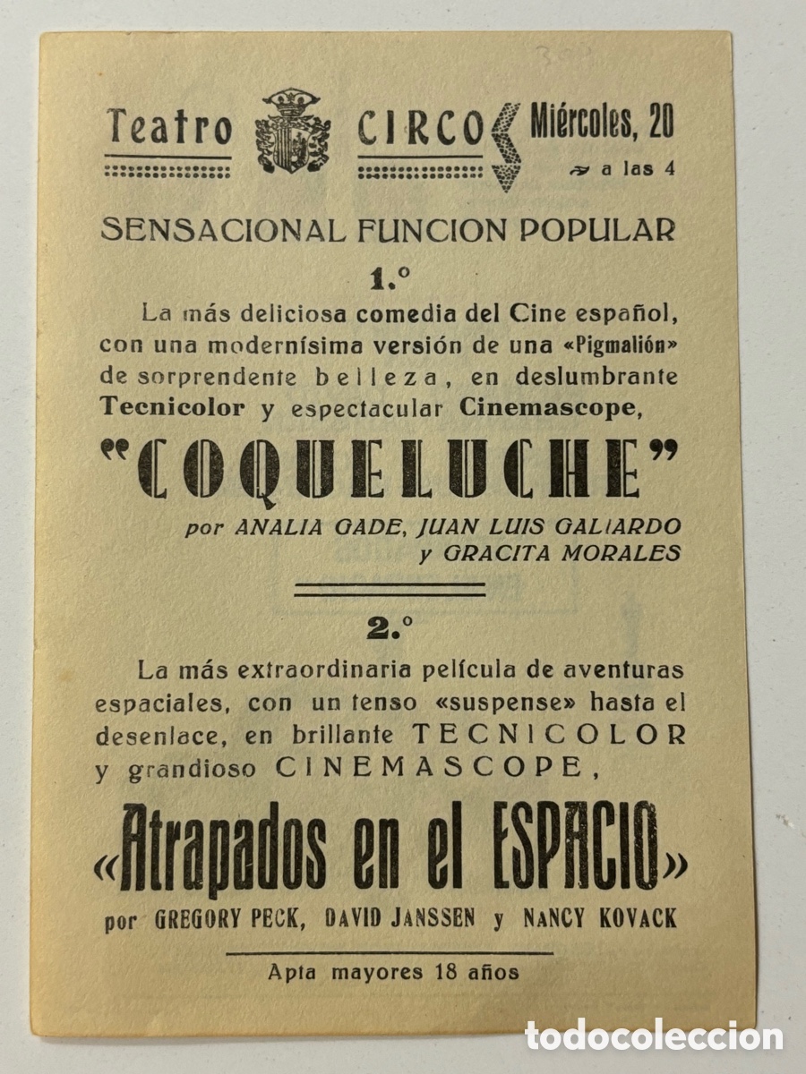 Cine: Programa atrapados en el espacio gregory peck con publicidad teatro circo A19 - Foto 2