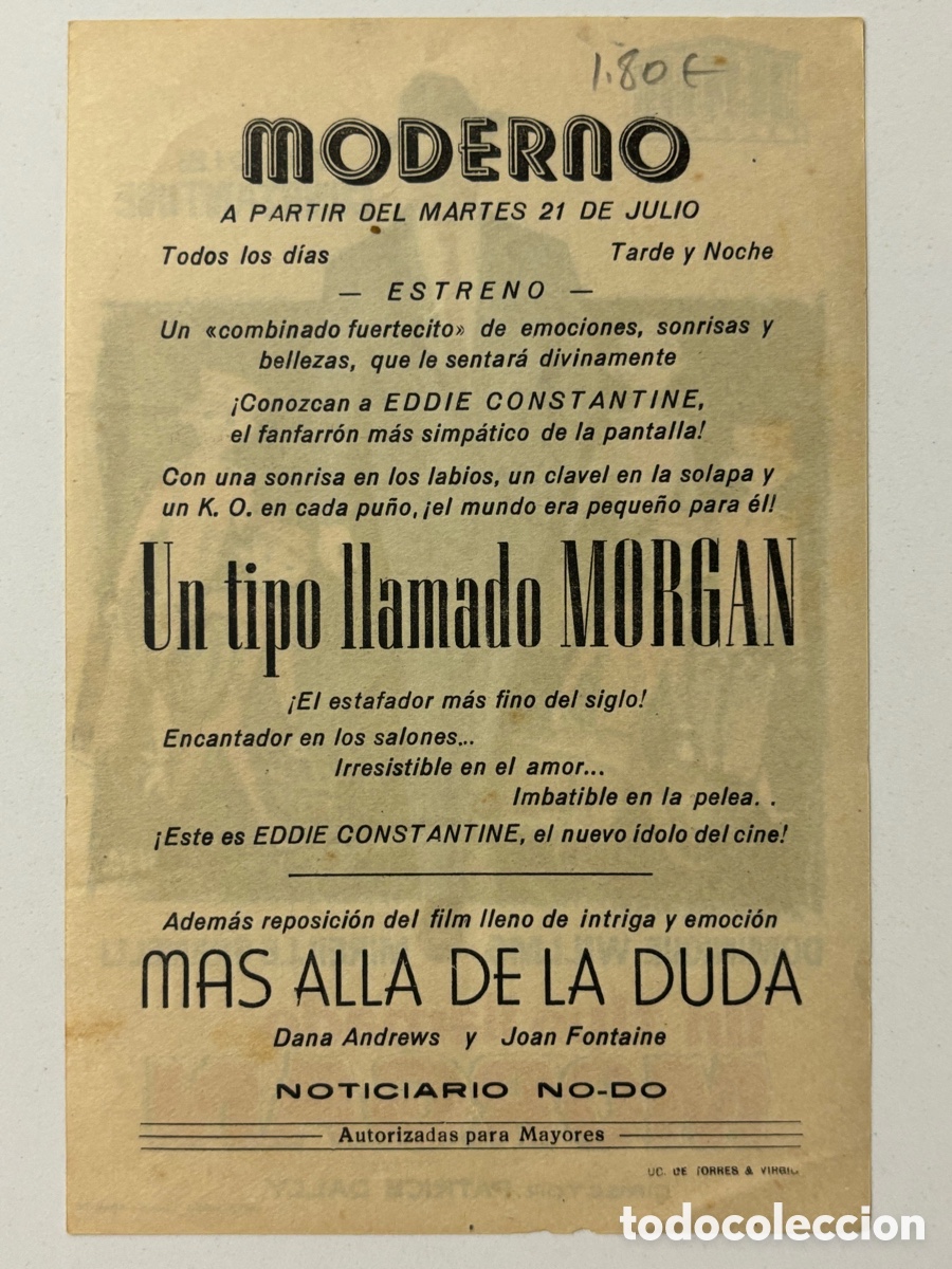 Cine: Programa un tipo llamado morgan Eddie constantine con publicidad cine moderno A19 - Foto 2