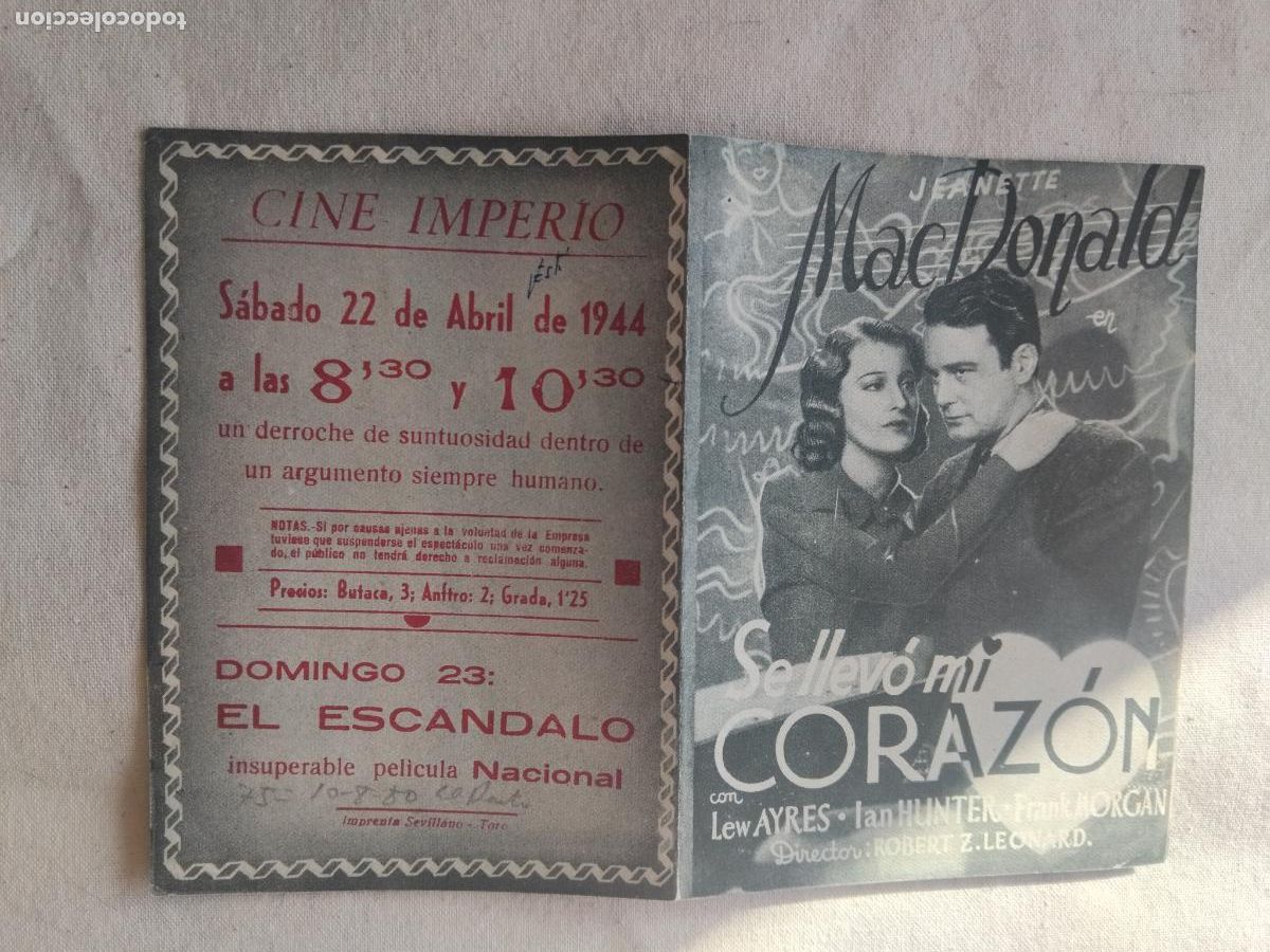 Cine: PROGRAMA DE CINE DOBLE SE LLEVO MI CORAZON. MGM. CINE IMPERIO 1944. - Foto 1