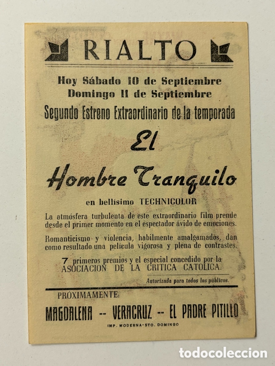 Cine: Programa el hombre tranquilo john wayne con publicidad cine Rialto A21 - Foto 2