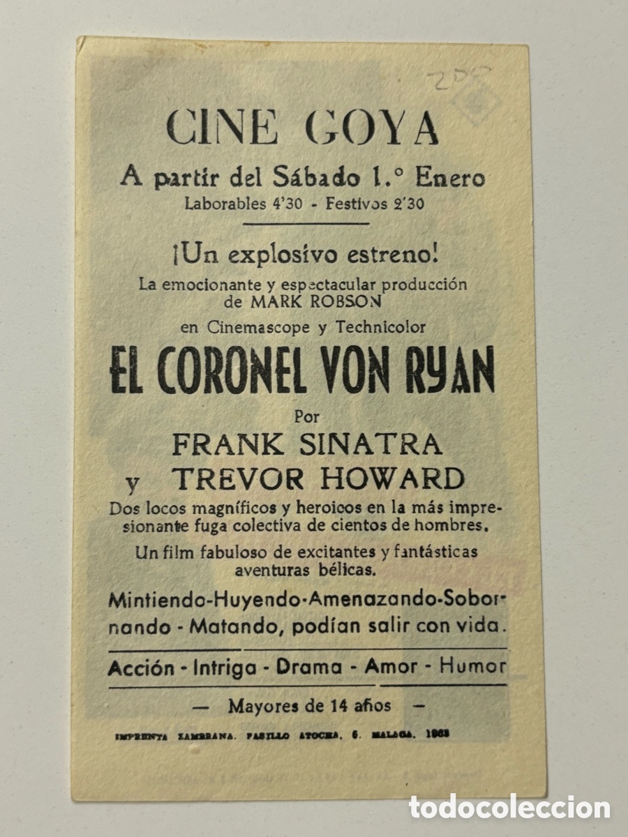 Cine: Programa el coronel von Ryan frank sinatra con publicidad cine Goya malaga A21 - Foto 2