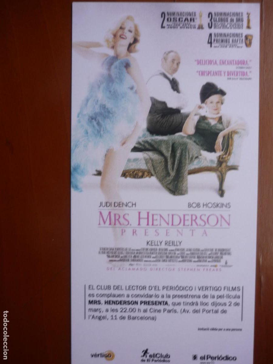 Cine: mr. henderson presenta - folleto mano invitacion preestreno - judy dench bobo hoskins kelly reilly