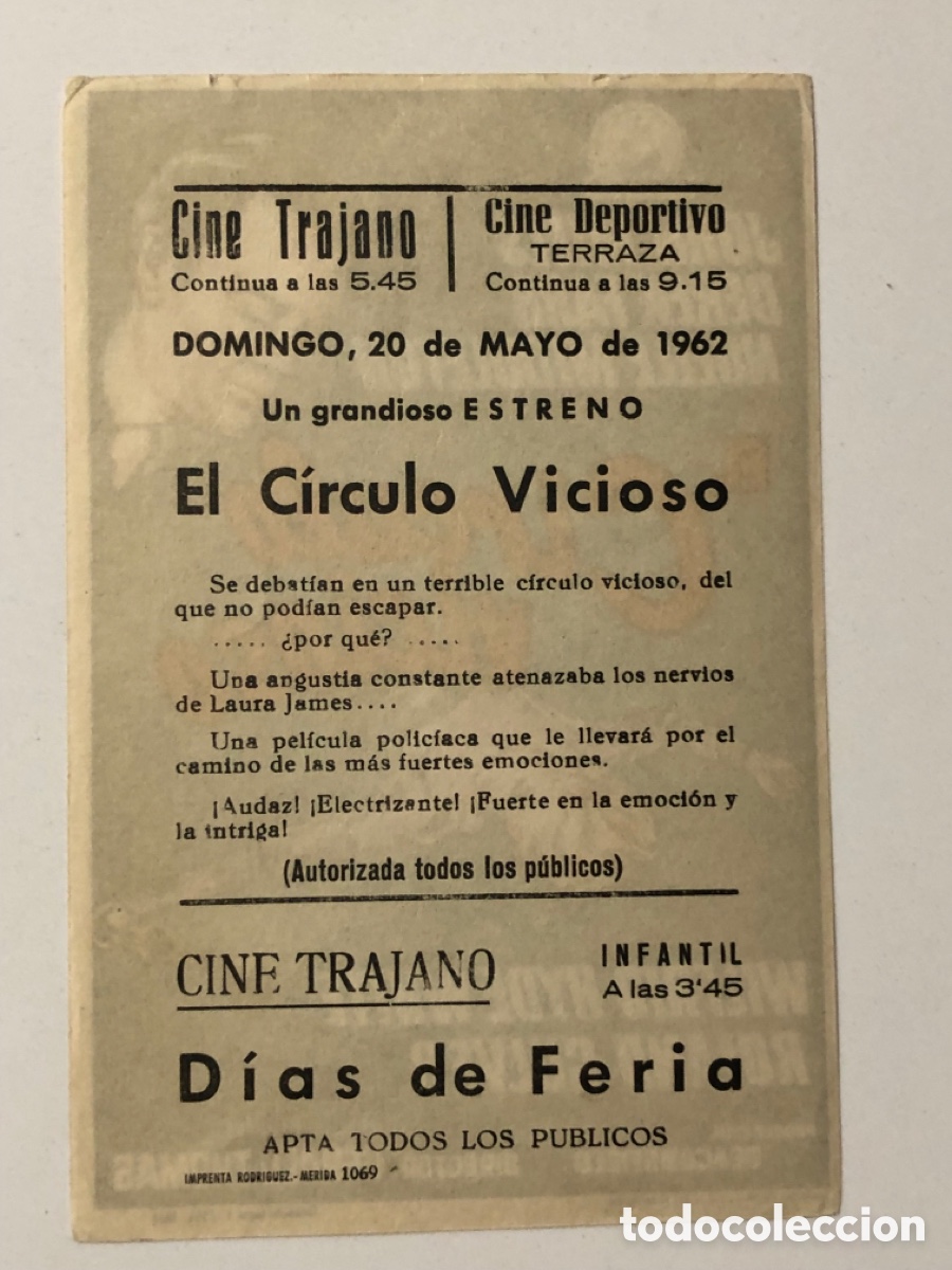 Cine: Programa el c&iacute;rculo vicioso john Mills con publicidad cine trajano Merida A22 - Foto 2